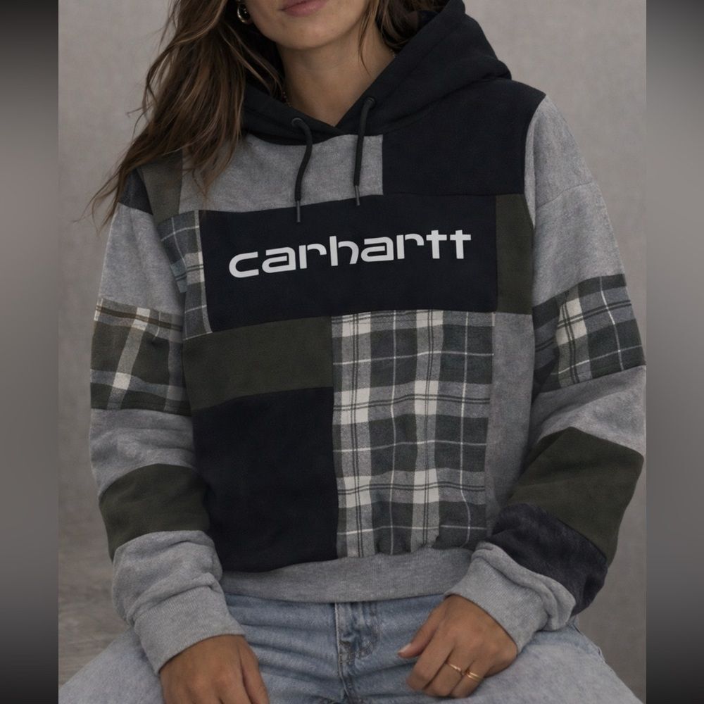 Carhartt Multi-Color Flannel Patchwork Upcycled Black Gray Hoodie Sweater